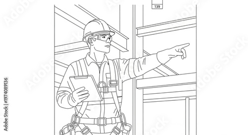 Construction worker in hard hat pointing at blueprint.