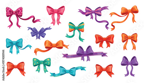 A vibrant collection of colorful gift ribbons and decorative bows featuring various styles and patterns, ideal for enhancing festive presentations, holiday packaging, and special occasion