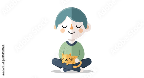 Stylized vector art celebrates national pet adoption day, depicting a serene character sitting cross-legged, lovingly cradling an adopted orange cat against a clean white background