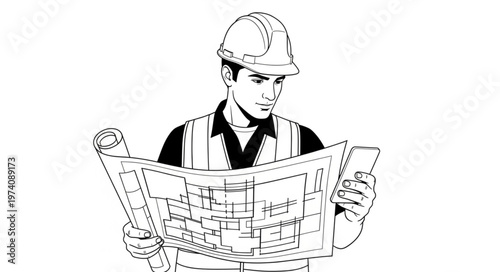 Construction worker in hard hat reviewing blueprints on site.
