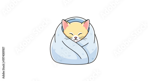 A cute cartoon cat character is wrapped in a light blue blanket, presented as a vector illustration, ideal for celebrating a pet adoption event with a clean white background and simple