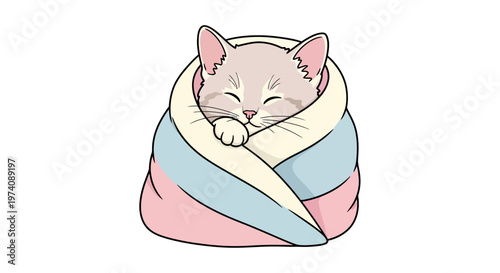 A sweet tabby kitten, illustrated in a cute vector style, is snugly wrapped in a pastel-colored blanket on a white background, celebrating national pet adoption day with a heartwarming