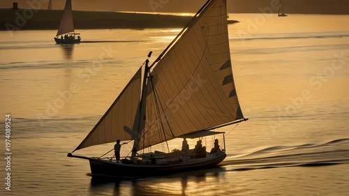 Serene Sunset Sailing at Golden Hour Over Calm Waters and Silhouettes