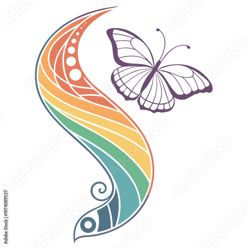 Abstract vibrant rainbow form with elegant butterfly, embodying creativity, freedom, and artistic expression, a flowing, colorful, and inspiring design element.