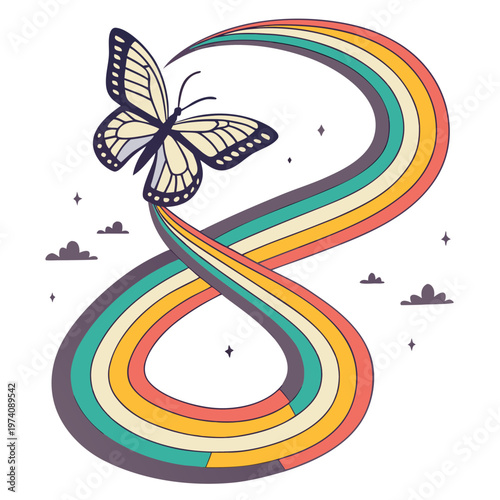 Retro international women's day number eight concept with butterfly on colorful rainbow swoosh for march 8th celebration.
