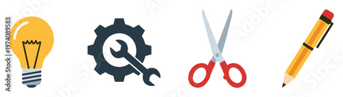 Business and educational icons a lightbulb for ideas, a gear and wrench for settings, scissors for cutting, and a pencil for writing, perfect for presentations and digital assets.