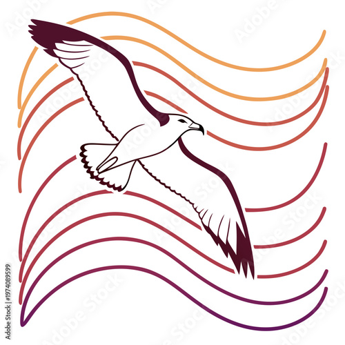 Minimalist seagull bird flying over abstract wavy sunset lines vector illustration simple oceanic sky background design for modern home decor print.