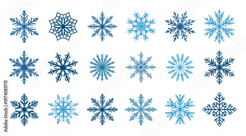 A collection of blue frosty snowflakes in various shapes and sizes for winter holiday decorations, festive greeting cards, seasonal promotions, and graphic projects