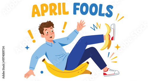 Funny prank concept illustration depicts man slipping on banana peel, evoking surprised expression and waving hands, surrounded by playful exclamation marks and abstract shapes for april fools day.