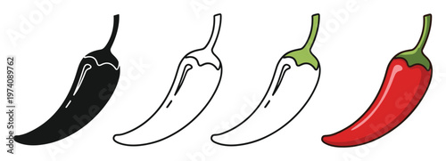 A collection of hot chili pepper graphics in various styles including silhouette, outline, and full color, perfect for spicy food packaging, culinary blogs, or restaurant menus