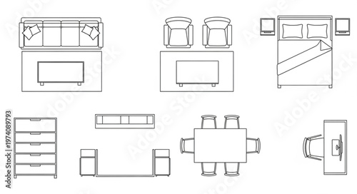 Overhead Furniture Layout - Sofa, Chairs, Table, and Storage Units.