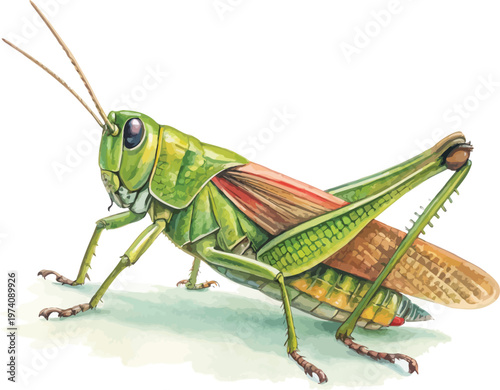 Watercolor Grasshopper, Garden Insect Clipart, vector illustration isolated on white background