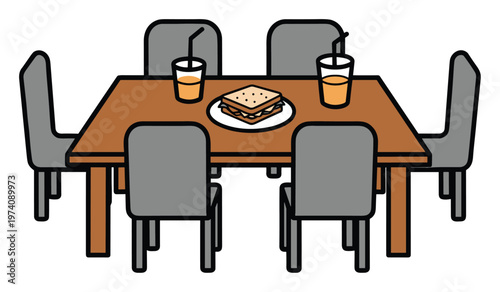 Inviting dining arrangement featuring a wholesome sandwich meal and juice drinks on a sturdy brown table, ready for family or friends to enjoy everyday breakfast, lunch, or dinner.