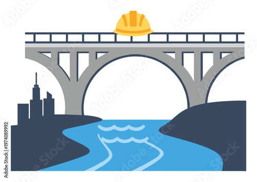 Modern bridge construction over a flowing river with a safety hard hat symbolizing engineering and urban development for educational and business related content