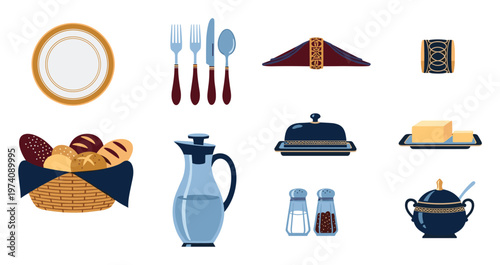 Collection of essential dining tableware and kitchen accessories featuring plate, cutlery, bread basket, water pitcher, butter dish, salt and pepper shakers, and sugar bowl, ideal for