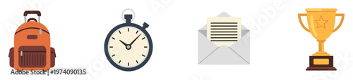 Engaging flat design icons displaying a functional travel backpack, a precise stopwatch, an open envelope with a letter, and a golden winners trophy, perfect for web, app, and presentation