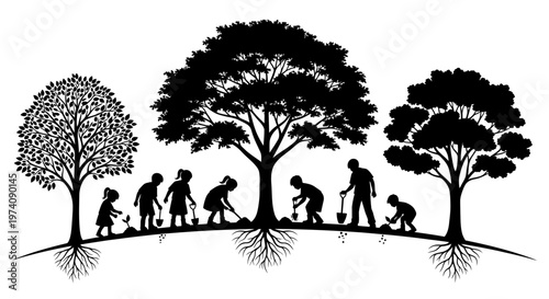 Silhouette illustration of diverse group of people planting trees in nature.