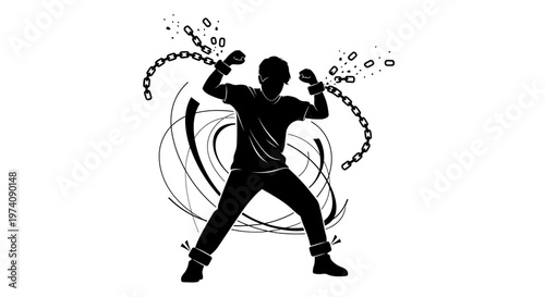 Silhouette of a man breaking free from heavy metal chains.