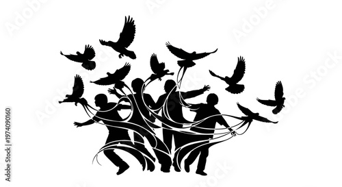 Silhouette illustration of a group of people releasing birds into the sky.