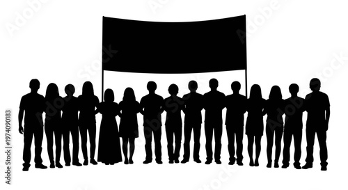 Silhouette of diverse group of people holding a large banner.