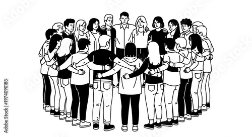 Group of diverse people standing in a circle with arms around each other.