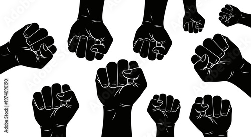 Black Silhouette Fists Raised in Protest and Solidarity.