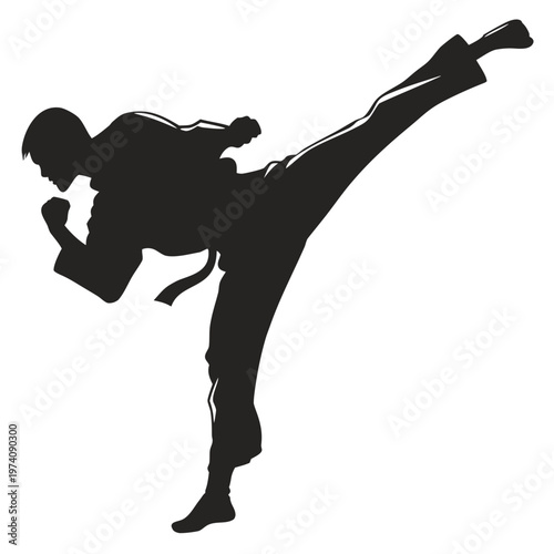 Martial arts silhouette of man performing high kick, karate fighter in dynamic action pose, taekwondo athlete vector illustration on white background