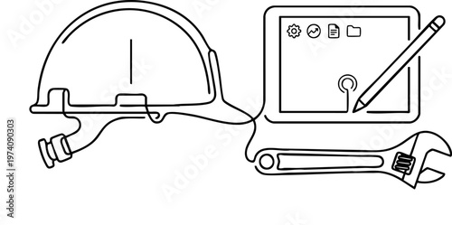 Construction Engineering Line Art – Hard Hat, Digital Design Tablet & Tools Continuous Line Illustration