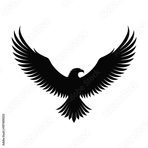 Majestic eagle silhouette with spread wings, black hawk vector icon on white background, powerful bird of prey flying emblem for logo design