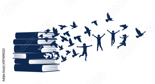 Stack of books transforming into silhouettes of children and flying birds.