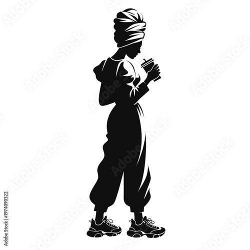 Minimalist black silhouette of a woman in a headwrap holding coffee, stylish female figure in streetwear and sneakers, modern urban lifestyle vector