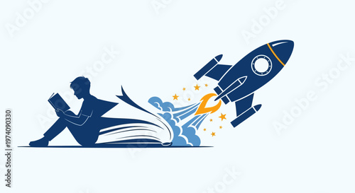Silhouette of a student reading a book transforming into a rocket launch.
