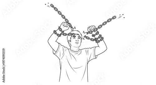 A line art illustration of a young man breaking free from his chains.
