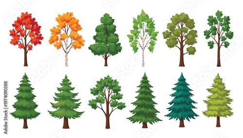 Assortment of vibrant broadleaf and evergreen trees displaying seasonal changes suitable for game assets digital maps and natural scenery