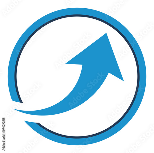 Dynamic blue upward arrow gracefully curving within a solid circular boundary symbolizing business growth progress development and success ideal for financial charts data infographics and