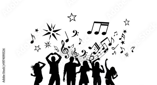 Silhouette of a group of people dancing with musical notes and stars.