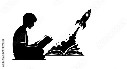 Silhouette of a child reading a book with a rocket launching from its pages.