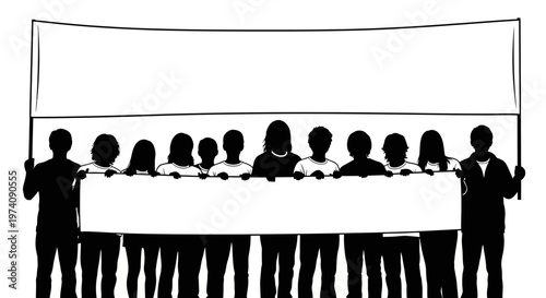 Group of people holding a blank banner for protest or announcement.