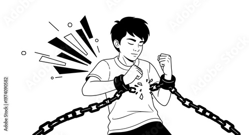 Young Person Breaking Free From Chains Symbolizing Struggle.