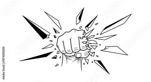 Fist breaking through glass with sharp fragments flying outwards.
