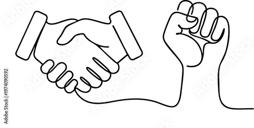 Handshake and Raised Fist Line Art – Unity, Agreement and Empowerment Concept Illustration