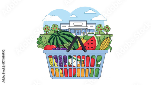 Shopping basket overflowing with fresh fruits and vegetables in front of a grocery store building under a blue sky.
