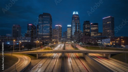 Charlotte North Carolina Skyline and Highway Traffic at Dusk