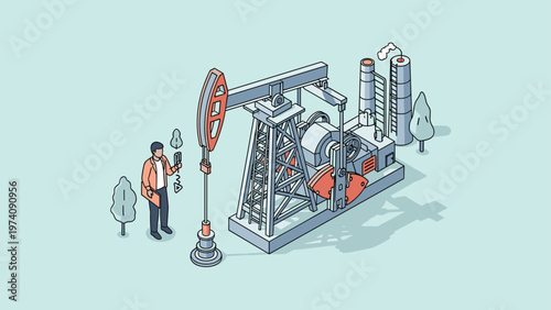 Industrial oil pump jack at a drilling site with an engineer supervising the operation near factory chimneys and trees.