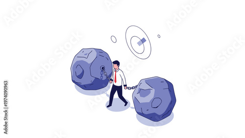 Businessman struggling to walk while chained to two massive heavy boulders representing burdens and obstacles in his career path.