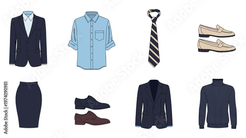 Professional business attire collection featuring suits shirts ties skirts and shoes for corporate wardrobe and professional style guides.