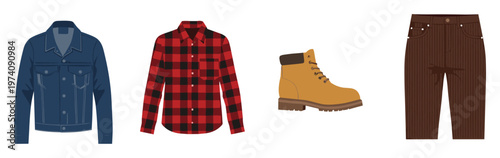 Classic workwear apparel featuring a sturdy blue denim jacket, a comfortable red plaid shirt, practical tan work boots, and durable brown corduroy pants for everyday rugged style