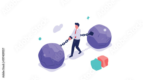 Businessman in a suit struggling while being chained to two heavy purple stone balls as a metaphor for obstacles or debt.