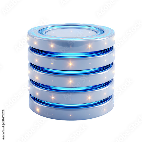 A futuristic blue and silver cylindrical object glows with lights on a white background.