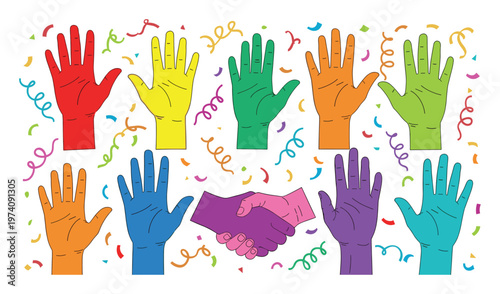 Colorful raised hands symbolizing diversity and inclusion celebrating community togetherness and global cooperation for social responsibility projects and events